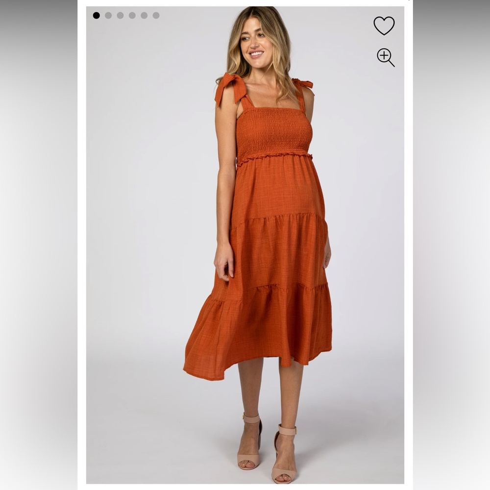 Pink Blush Boutique Rust Bow Strap Tiered Maternity Midi Dress